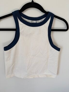 Cotton On White Cropped Tank with Navy Ribbed Trim
